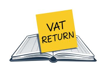 VAT return concept shows a yellow note atop an open ledger book.