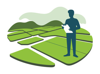 Surveyor stands holding clipboard over segmented agricultural land.