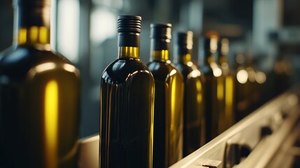 Olive oil bottles on conveyor &mdash; elegant packaging line