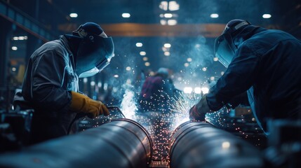 Industrial welding of metal pipes with safety gear