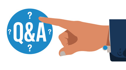 Businessman hand points toward a blue circle with Q and A symbols.