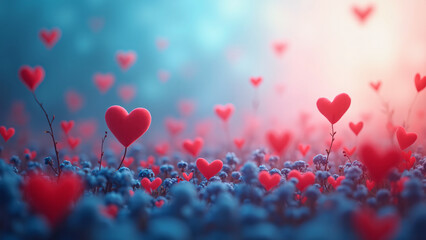 Red hearts float above blue-purple spheres—soft gradient background evokes surreal romance, dreamy elevation, and whimsical fantasy.
