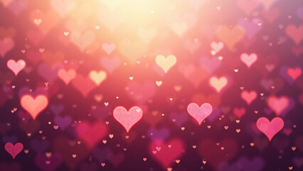 Floating pink, red, and purple hearts glow against soft gradient—light center and darker edges evoke dreamy warmth, romantic charm, and emotional celebration.
