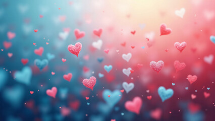 Floating hearts in pink, red, and blue—soft gradient background and glowing light evoke dreamy motion, romantic warmth, and whimsical affection.
