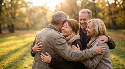 Close Friends Having a Warm Emotional Embrace During Reunion in a Park
