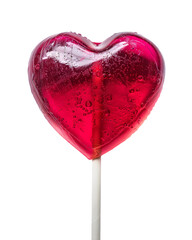 Heart-shaped lollipop with glossy candy surface and stick, playful valentine aesthetic, isolated on white background. 