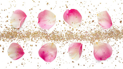 Watercolor Red Hearts Border with Gold Confetti on White Background