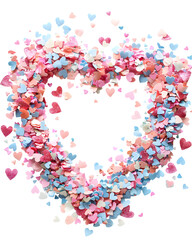 Heart-shaped confetti forming a loose circular composition, airy spacing, pastel tones, isolated on white background. 