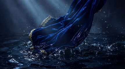 Abstract Blue Velvet Fabric Cascading into Shimmering Dark Water