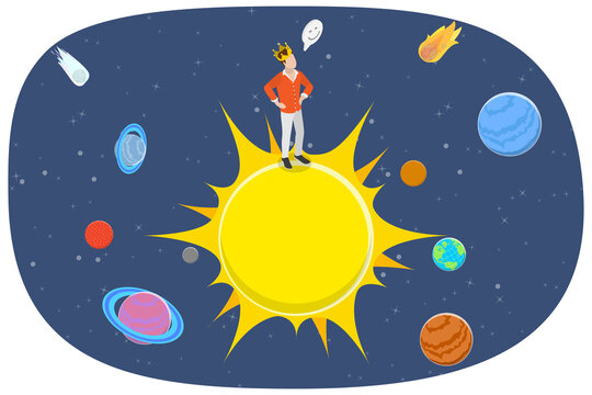 3D Isometric Flat  Illustration of Self-love, Self-Assured Young Man Wearing A Crown, Standing At The Center Of The Universe, Exhibiting Narcissistic Traits.