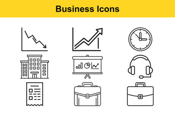 Business icons set including graph, clock, headset and briefcase on