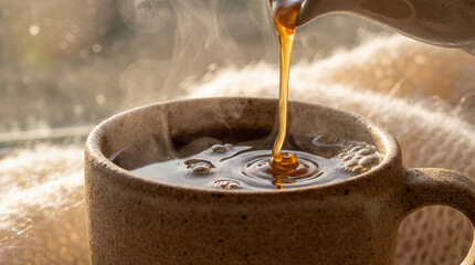 Hyper-Tactile Ceramic Mug with Pouring Golden Liquid and Steam in Morning Light