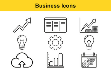 Business icons set including growth graph, gear, light bulb, and calendar on