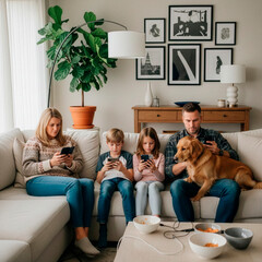 The family: a mother, a father, a boy, a girl and a dog sitting on a couch in a cozy living room, all focused on their smartphones. highlighting a modern family dynamic immersed in digital technology.