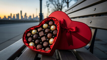 Heart shaped box of assorted chocolates on a park bench at sunset with city skyline in background with valentines day and gift and love and romance