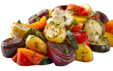 Vibrant roasted vegetable medley with herbs illustrating nutritious meal and visually appealing Mediterranean dish isolated on transparent background PNG