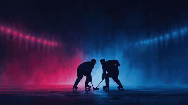 Stylized silhouette illustration of two ice hockey players facing off on ice rink with dramatic red and blue neon lighting
