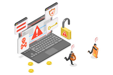 3D Isometric Flat  Illustration of Cyber Crime, Hacker Attack, Online Criminals Stealing Computer Banking Information. © TarikVision