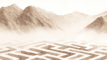 Abstract Desert Maze Landscape Symbolizing Challenge and Journey Watercolor