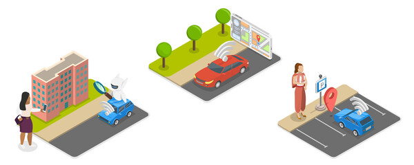 Obraz premium 3D Isometric Flat Illustration of Robotic Vehicle, Set Of Abstract Concept of Autonomous Car