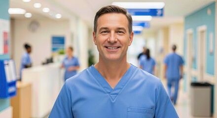 Healthcare professional smiling in a hospital corridor  