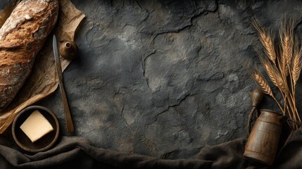 Rustic Bread and Butter with Wheat on Stone Background in Culinary Setting for Food and Cooking Related Designs