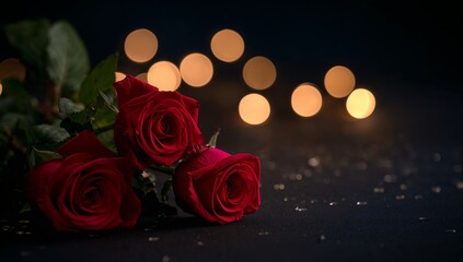 Three deep red roses rest intimately on a dark surface against a backdrop of warm, glowing golden bokeh lights.