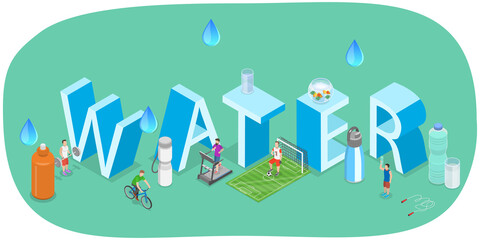 Fototapeta premium 3D Isometric Flat Illustration of Drink More Water, Characters Stay Hydrated