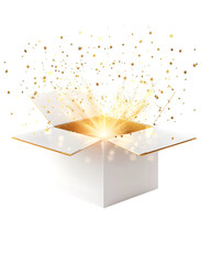 Open gift box with subtle glow emerging from inside without symbols, surprise concept packaging, isolated on white background. 