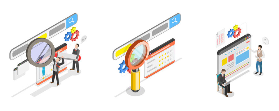 3D Isometric Flat  Illustration of SEO Analysis, Keyword Research and Optimization