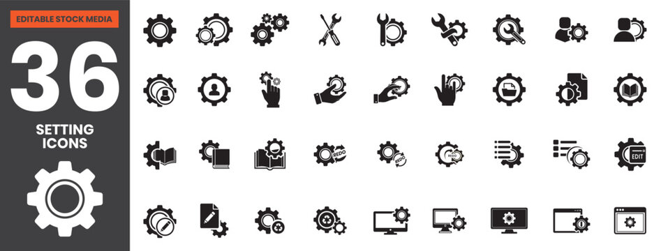 Filled Settings and User Interface Icons Set Including Gear, Slider, Toggle, Cog, Preferences, Control Panel, Tools, Options, Configuration, Editable Vector File for App and Web Design