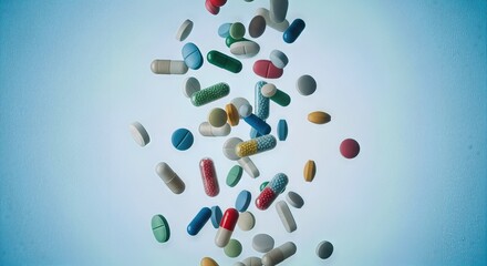 Colorful capsules falling against a soft blue background  