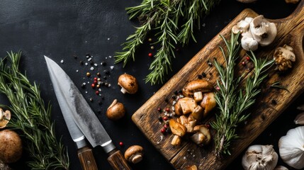 Freshly Chopped Mushrooms and Herbs on Wooden Cutting Board with Knives, Culinary Preparation for Delicious Gourmet Dishes and Flavorful Recipes