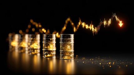 Oil Price Chart Shows Downward Trend With Red Arrows and Barrel Icons, Predicting Future Market Changes in Energy Trading Sector