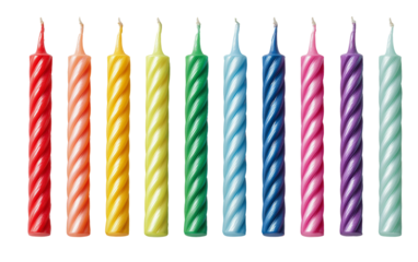 Colorful birthday candles organized in rainbow sequence symbolizing happiness fun and festive moments isolated on transparent background PNG