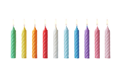 Obraz premium Bright birthday candles displayed in rainbow order expressing positivity celebration and playful energy isolated on transparent background PNG