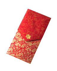 Red envelope with gold embossed pattern, standing upright on white background, soft shadow, isolated product, studio light isolated on white background 