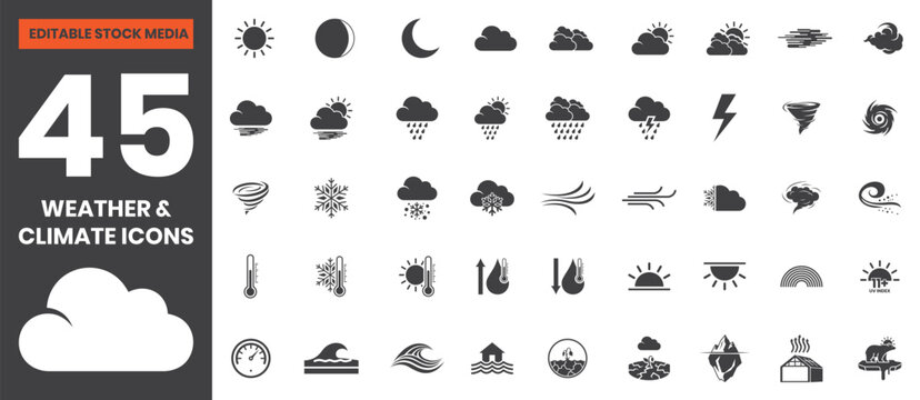 Filled Weather and Climate Icons Set Including Sun, Cloud, Rain, Snow, Thunderstorm, Wind, Thermometer, Temperature, Seasonal, Environmental, Editable Vector File for Meteorology and Climate Design