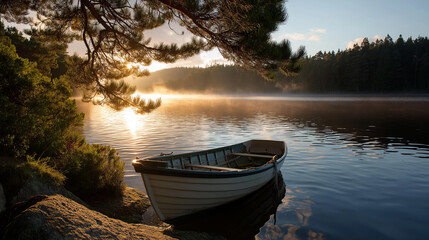 Obraz premium Serene landscape featuring small boat on calm waters surrounded by trees and gentle mist at sunrise, peaceful lakeside scene, with copy space