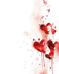 Romantic abstract watercolor background with red paint splashes forming heart silhouettes, artistic valentine aesthetic. 