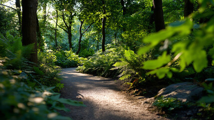 Fototapeta premium Serene pathway winding through lush green forest bathed in sunlight, vibrant foliage and inviting tranquility, peaceful woodland trail, with copy space