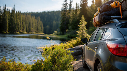 Parked car by serene lake surrounded by lush greenery with camping gear on roof, outdoor adventure preparation, lakeside camping scene, with copy space