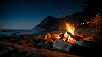 Serene night scene featuring campfire by ocean with cliffs and stars illuminating dark sky, coastal camping atmosphere, beachside evening, with copy space