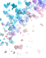 Scattered pastel heart confetti with subtle depth of field, clean PNG overlay style, isolated on white background. 