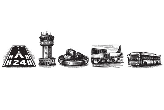 A black and white vector illustration depicts essential airport elements including a runway, control tower, baggage carousel, jet bridge with airplane, and bus, offering a comprehensive visual of air 