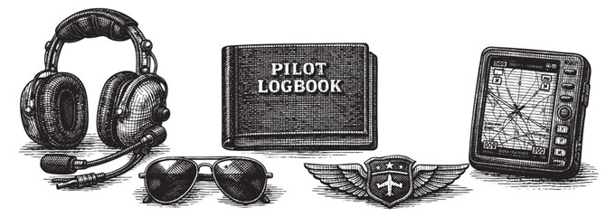 A classic engraved illustration showcases essential pilot gear including headphones, sunglasses, a logbook, wings badge, and a GPS device, perfect for aviation themes and retro designs.