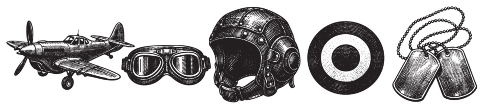 A meticulously engraved illustration showcases vintage aviation elements including a propeller airplane, aviator goggles, a pilot helmet, a roundel insignia, and dog tags, evoking a nostalgic and hist