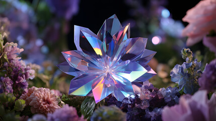 Beautiful crystal glass flower lotus blossom with rainbow petals and floral design for jewelry style decoration with prism light refraction and elegant luxury botanical beauty detail