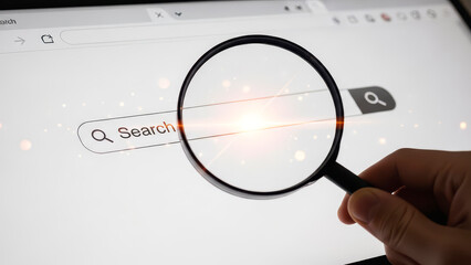 Magnifying glass held over a search bar on a digital screen
