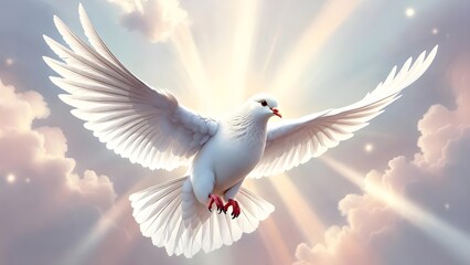 Obraz premium White Dove Flying in Sky with Golden Sunlight and Clouds, Symbol of Peace and Hope